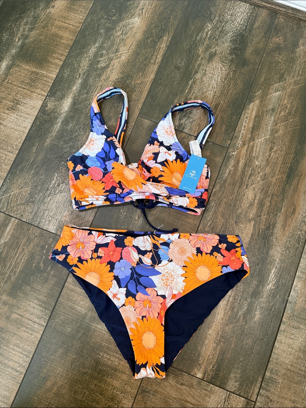 Cupshe Navy Floral Bikini Set with Orange & Pink Accents